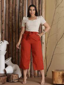 Women's Pantacourt Linen High Waist Trousers With Bow And Pockets - 紅陶 - 查看 3