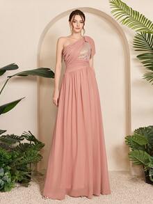Tie Shoulder Ruffled Sequin Decor Wrap Chiffon Elegant Evening Dress - Coral Pink - View 6