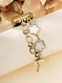 1pc Compatible With Apple Watch Luxury Gold Chain & White Floral Decorated Bracelet Watch Band, Suitable For Ultra3/2/1, SE, S10/S9/8/7/6/5/4/3/2/1 Series, Fashion Gift For Young Women, Global Popular New Watch Strap 38mm 40mm 41mm 42mm 44mm 45mm 49mm Smart Watch Accessories
