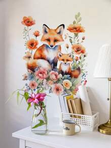 1pc/1set 2pcs Cartoon Elephant, Heart, Fox, Floral Wall Sticker For Living Room, Bedroom Decor, Self-Adhesive Wall Decal