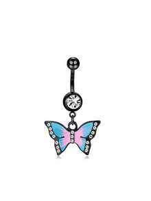 不锈钢黑色方晶锆石恶魔花肚脐环，肚脐穿孔饰品 - 彩色 - 查看 16