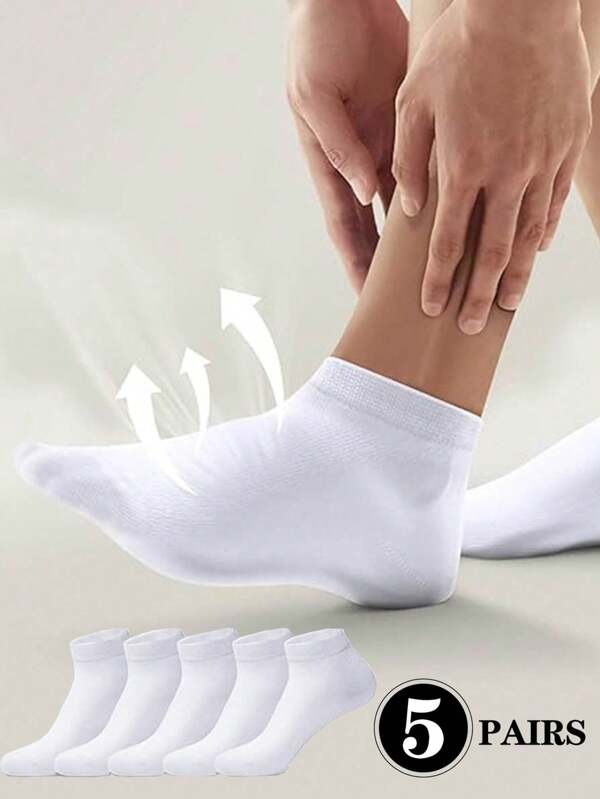 5 Pairs Men's Low Cut Breathable Cotton Casual Thin Ankle Socks For Summer Travel, White