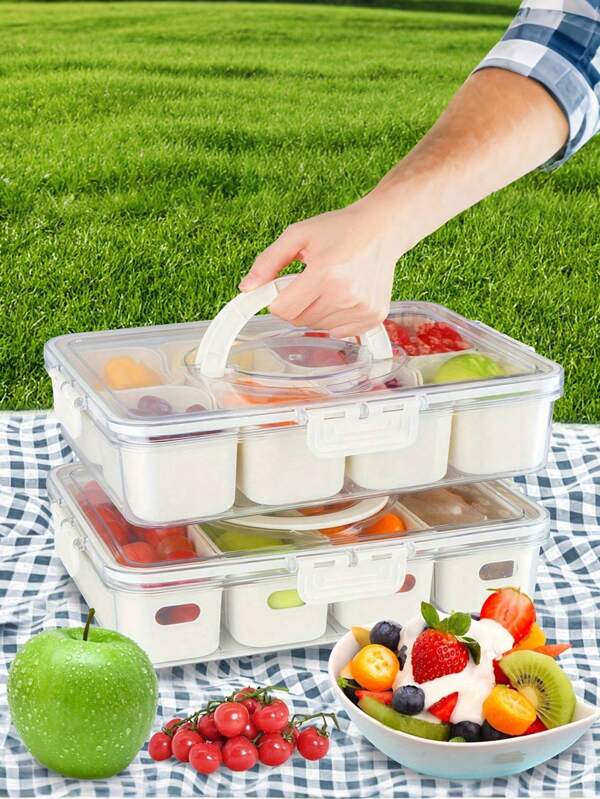 4/8Compartment Large Divided Serving Tray With Handle - Spacious Food Storage Container With Removable Snack Box, Lid, And Fridge Organizer - Perfect For Travel, Party, Salad, Charcuterie, And Candy Display