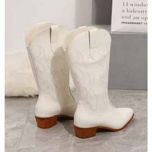 New Women's PU Leather Thick Heel Pointed Toe Western Cowboy Boots In Retro V-Neck, Not Over The Knee, Mid-Tube Knight Boots - 白色 - 查看 4