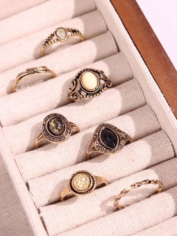 7pcs/Set Vintage Fashionable Elegant Hollow Floral Engraved Bezel-Set Faux Gemstone Gold Metal Rings For Women - Multicolor - View 4