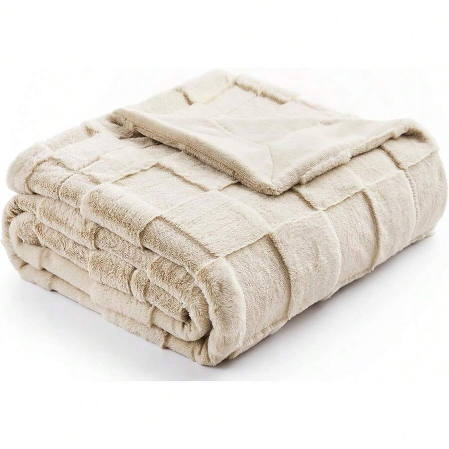 Checkered White Faux Rabbit Fur Throw Blanket, Soft Fuzzy Fluffy Minky Cream Furry Blankets For Couch, Bed (50 * 60 Inches Ivory) - 譚 - 查看 1