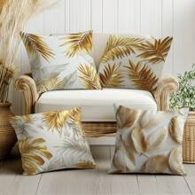 [2D Flachdruck] 4 Stücke goldene 3D Federn Blatt Bedruckte Kissenbezüge [Kissenfüllung nicht enthalten], 17.7*17.7in(45*45cm), [Einseitiger Muster] Moderne einfache Polyester Kissenbezüge für Sofa, Bett, Wohnzimmer, Schlafzimmer, Auto, Büro, Hotel Dekoration, Geeignet für alle Jahreszeiten, perfektes Geschenk für Familie und Freunde