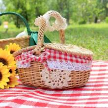 1 pièce Panier de transport rétro en osier pour l'extérieur avec poignée. Panier de pique-nique avec couvercle