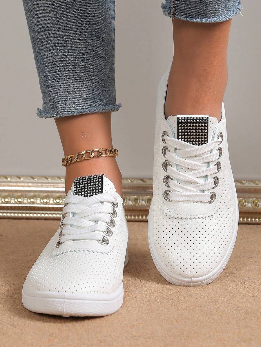 Vintage Preppy Office Outdoor Gym Breathable Hollow-Out White Sneakers - Black - View 1