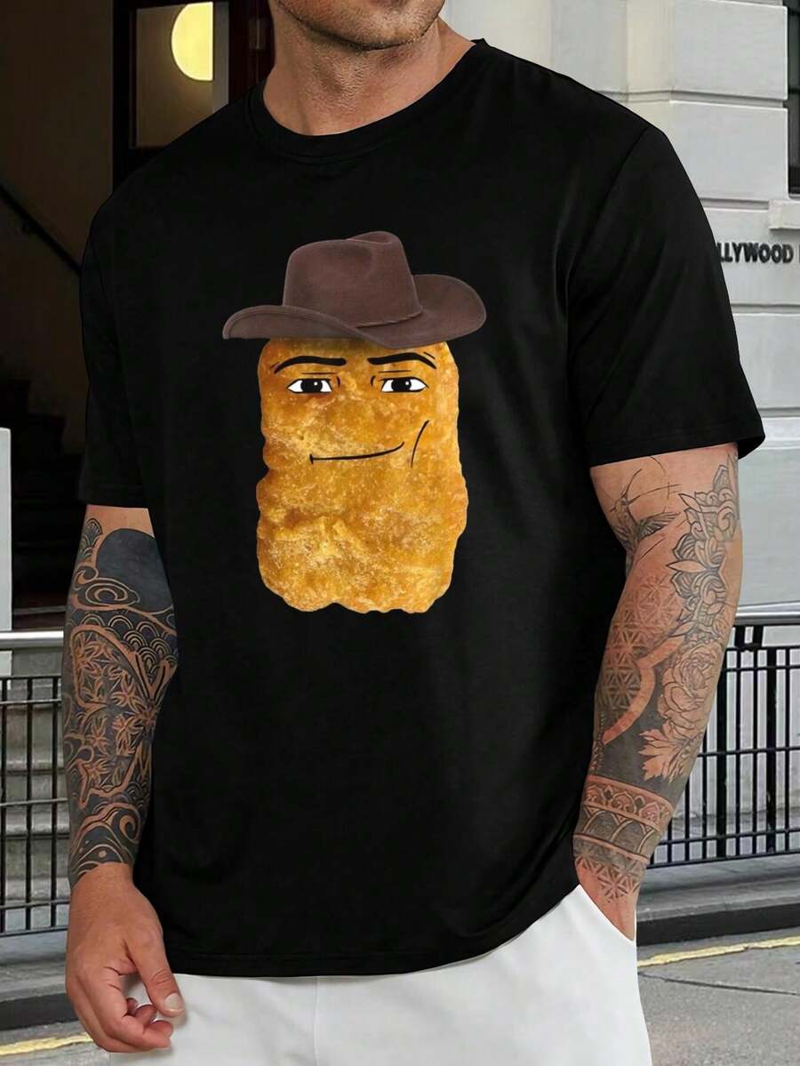 Camiseta divertida de pollo nugget vaquero - Camiseta occidental peculiar de comida para hombres y mujeres | Camiseta gráfica novedosa, ropa con humor único, idea de regalo | Cuello redondo negro, manga corta - Negro - Ver 1