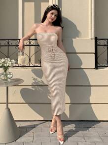 abyoxi Apricot Color Off Shoulder Waist Drawstring Tied Design Sexy Slim Fit Tube Top Midi Dress With Stripe Textured Fabric Casual Vacation Simple For Spring And Summer New Fashionable Women's Clothing