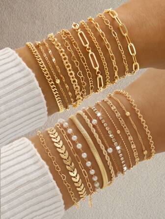 16pcs/12pcs/11pcs/9pcs Stylish Simple Classic Copper Braided & Snake Chain Layered Heart Charm Bracelet Set For Women, Birthday, Vacation, Party, Daily Outfit, Versatile. (Please Note There May Be Slight Color Difference Between Actual Product And Images Due To Lighting And Angle During Photography)