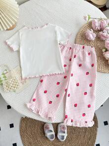 2pcs Girls Cute Embroidered Strawberry Plaid Ruffle Trim Set, For Summer - Pink - View 2