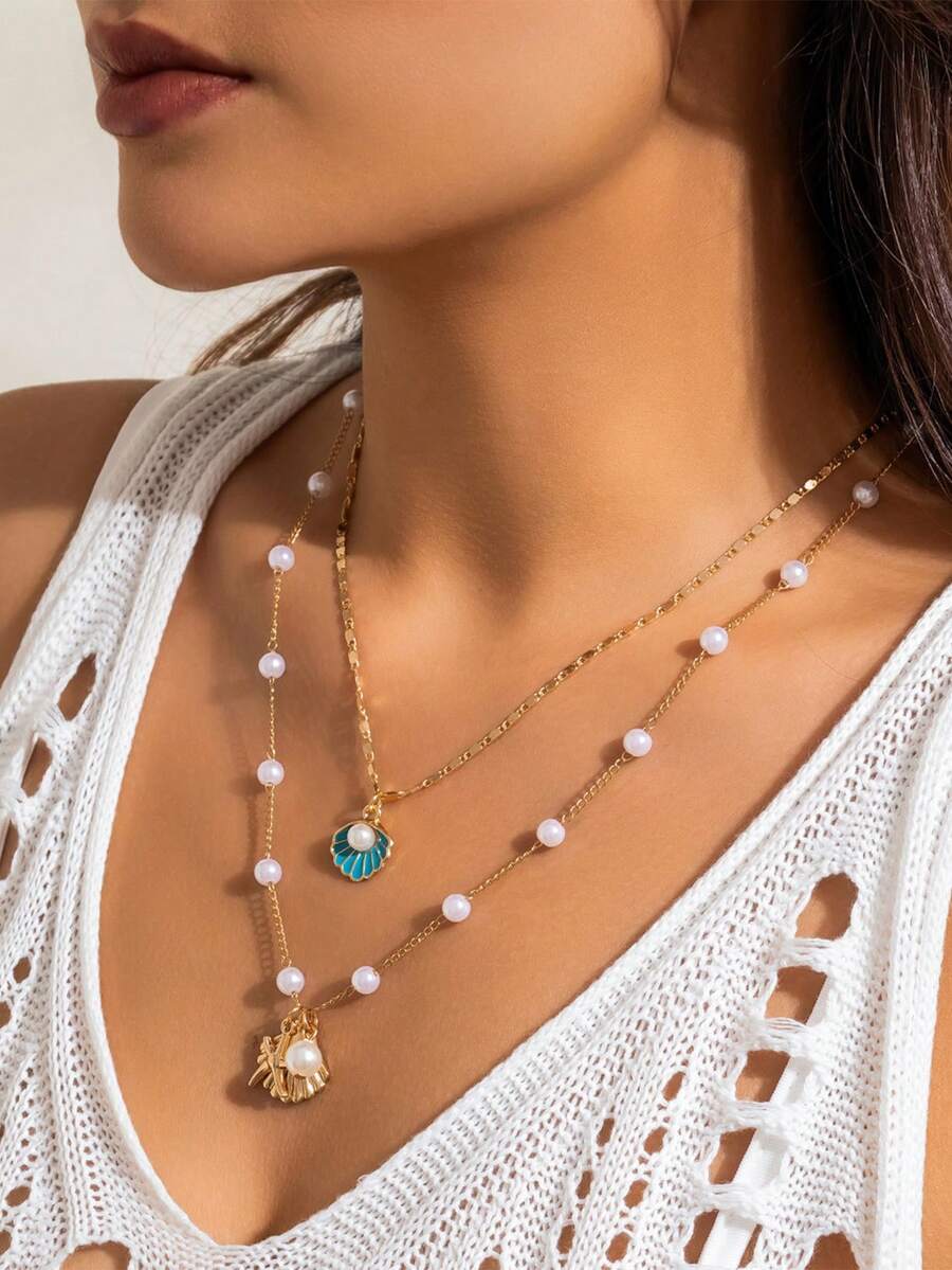 2pcs/Set Beach Style Metal Starfish Pearl Shell Necklace Set, Vacation Jewelry (Assorted Pearl Quantity) - View 1