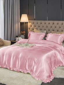 2/3pcs Satin Ruffled Duvet Cover Set, Ruffled Tassel Duvet Cover Set, Solid Retro Luxury Farmhouse Style Bedding Set, 3pcs Boho Ruffled Tie Duvet Cover Set (Comforter Not Included). Perfectly Fits Twin, Full, Queen, King Size Beds. Suitable For Home Bedding, Dorm Supplies And Christmas Decor. - Pink - View 5