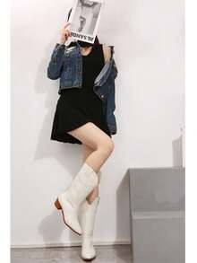 New Women's PU Leather Thick Heel Pointed Toe Western Cowboy Boots In Retro V-Neck, Not Over The Knee, Mid-Tube Knight Boots - 白色 - 查看 7