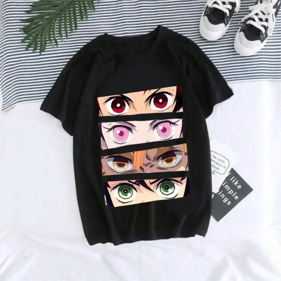 Oversized T-Shirt Women Kaus Grafis Anime Demons Slayers Uniseks Tanjirou T-Shirts Kamado Kaus Kimetsu No Yaiba Nezuko - 黑色 - 查看 1