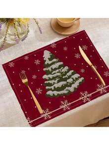 2/4/6 Pieces Of Christmas Tree Snow Pattern Placemat, Linen Kitchen Placemat, 12*18 Inch Home Kitchen Items, Banquet Decoration, Fashion Placemat