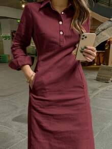 春秋新款时尚优雅翻领纽扣长袖女式阿拉伯连衣裙 - 中紫紅色 - 查看 6
