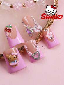 Somoving X Sanrio Hello Kitty 10Pcs Short Duckbill Shaped Handmade False Nails Cute Bow Heart Metal Star Pearl Gem Petal Design Press-On Nails Perfect Fit Acrylic False Nails Set Nail Art Supplies For Daily Life, Prom And Family Gatherings - Multicolor - View 3