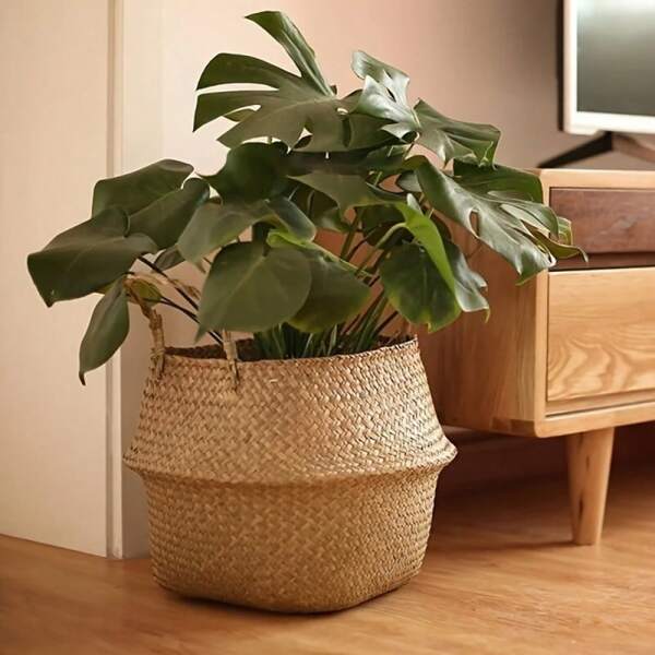 1PC Woven Vine Basket - Circular Handwoven Design With Reinforced Rattan Frame & Waterproof Lining, 12" Multi-Use Storage - For Potted Plants, Living Room Decor, Blanket Storage, Farmhouse Shelving - Boho Plant Holder - Rustic Home Accent - Wall-Mounted Organizer - Porch Decor - Natural Fiber Storage Bin