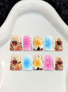 10pcs Duckbill 3D Blush Embossed Floral Leopard Print French Handmade Acrylic Press On Nails, Love Rhinestones Decorated Short Duckbill Fake Nails With Jelly Glue And Nail File, DIY Nail Art Supplies Valentine'S Day School Music Festival Travel