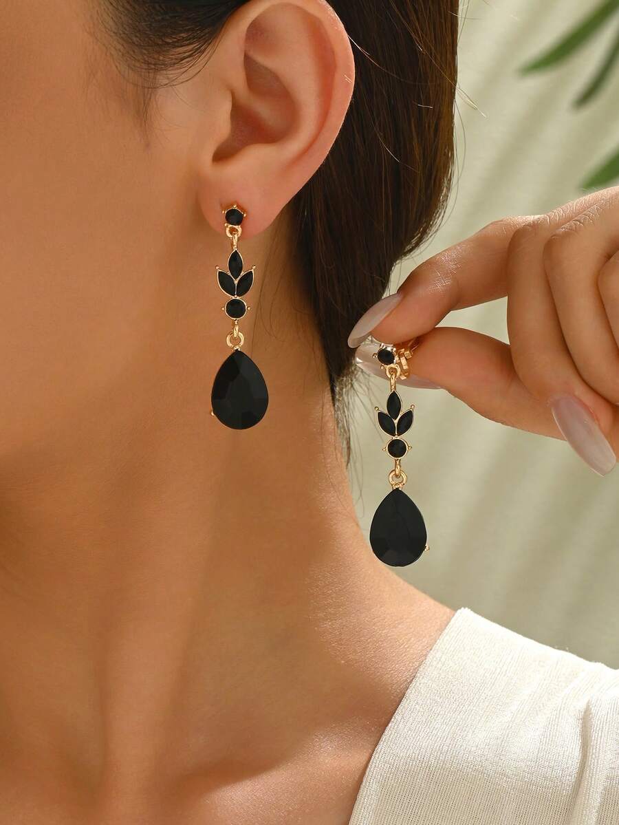 1 对时尚长款水钻耳环，适合女士日常佩戴、派对、聚会 - 黑色 - 查看 1