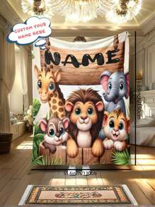 1 Peça Manta Flanelada Personalizável com Nome Hipoalergênica e Lavável em Máquina com Tema de Zoológico de Animais - Capa de Minky com Desenho de Elefante, Leão, Macaco e Girafa - Edredom Leve para Todas as Estações para Piquenique, Viagem e Soneca