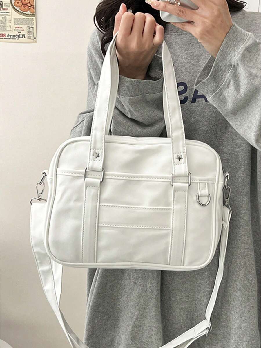 Minimalist Solid Color PU Leather Tote Bag For Women, Simple Fashion OL Commuter Handbag With Large Capacity, Shoulder Bag - White - View 1