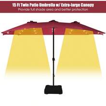 Lifezeal 15Ft Patio Double-Sided Solar LED Market Umbrella Crank 36 Lights Base - Burgundy - View 5