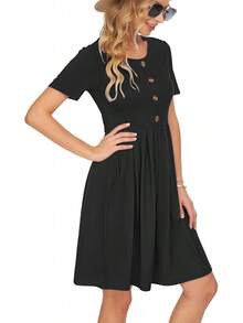 Vestido corto de mujer para el verano con pliegues, botones delanteros y bolsillos hasta la rodilla, modelo 2025 nuevo - Azul - Ver 8