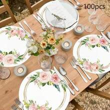 100pcs/Pack Pink Flower 13-Inch Disposable Paper Placemats, Suitable For Weddings, Parties, Restaurants, Country Homes, Kitchenware, Birthdays