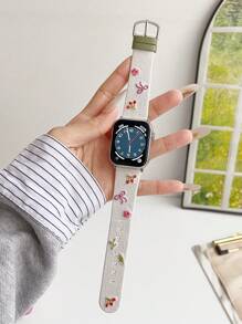 1Pc Women Pink Bow Cherry Flower Embroidered Leather Strap Compatible With Apple Watch Band 38/40/41/42/44/45/49/(S10 42)/(S10 46)Mm, Compatible With Watch Strap S10/Ultra/Se/9/8/7/6/5/4/3/2/1,Stylish And Lovely,INS Style,Watch Band,Smart Watch Band,Mother's Day/Daily/Party Gift