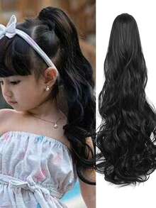 Chic Claw-Clip Ponytail Extension For Kids - Long, Curly Wave Synthetic Hairpiece, Versatile & Stylish 1pc - Natural Black - View 9