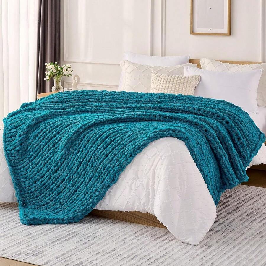 Chunky Knit Blanket - Soft Chenille Yarn Throws 40x50: Handmade Thick Cable Crochet Blanket - Large Chunky Yarn Rope Knot Throw For Couch, Sofa, Bed Home Decor - 藍綠色 - 查看 1