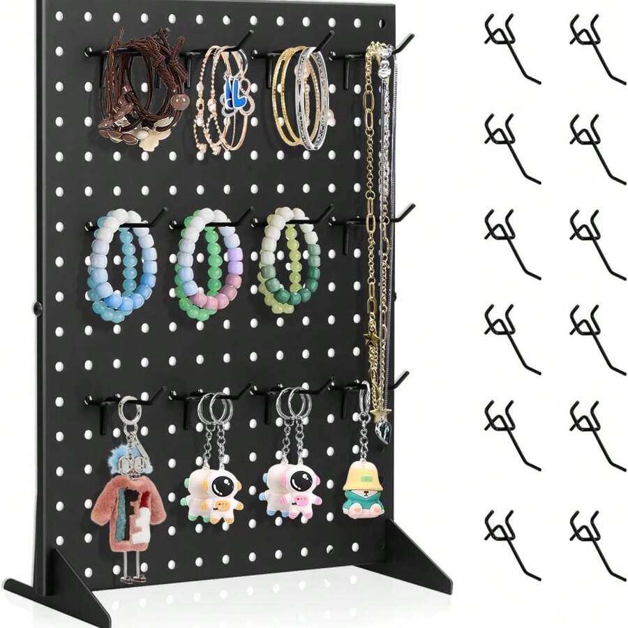 Peg Board Display Stand For Vendors With 12 Hooks Metal Tabletop Pegboard Display Stand For Craft Shows 17" X 13" Retail Display Racks Peg Board Organizer Holder White - Black 1 Display+12 Hook - View 1