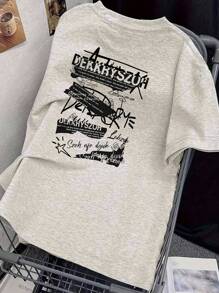 Women's Loose Black Printed T-Shirt - Short Sleeves, Loose Fit, Machine Washable, Japanese Text, Panda Pattern Design