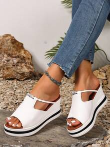 2025年夏季新款厚底坡跟女凉鞋、高跟女凉鞋、一脚蹬高跟女鞋、时尚百搭休闲女式凉鞋、水钻女式凉鞋、户外沙滩女式凉鞋、白色凉鞋、波西米亚女式凉鞋 - 白色 - 查看 3