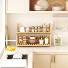 1pc Bamboo Kitchen Storage Rack, Foldable Desktop Organizer Shelf, Small Multi-Purpose Household Storage Rack