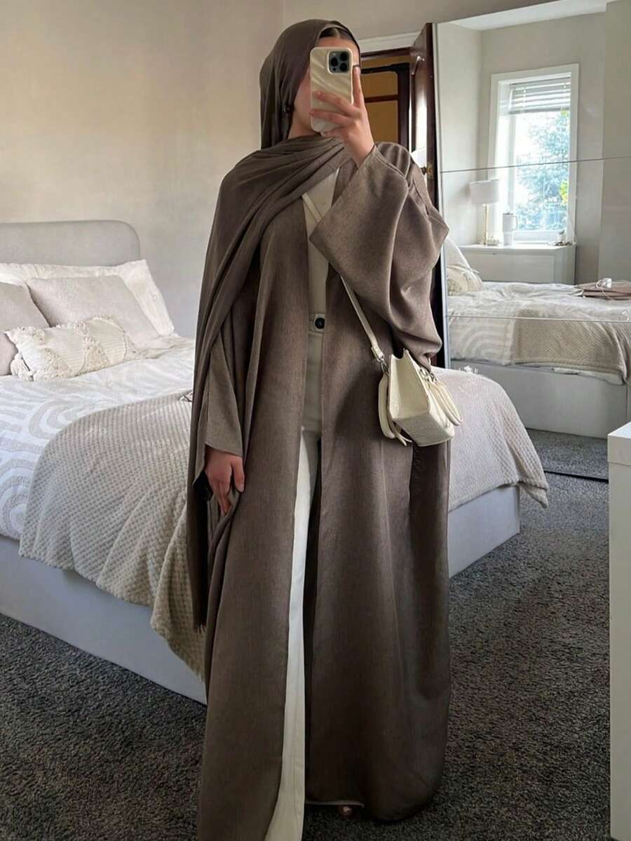 1pc Women's Solid Color Classic Open Robe, Loose Fashionable Comfortable Linen Abaya Long Robe, Minimalist Arabic Dubai, Suitable For Daily Wear And Festivals - Brown - View 1