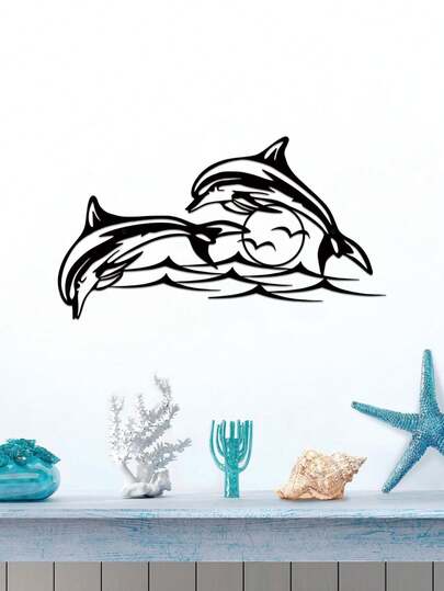 1 pieza Decoración de pared de metal en forma de delfín, dos delfines saltando fuera de la superficie del mar, decoración de pared para interiores y exteriores, adecuado para piscina, baño