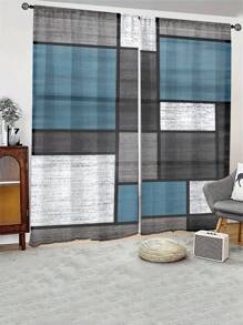 2pcs/Set Seamless Wood Grain Textured Wood Laminate, Geometric Digital Printing Sheer Curtains For Living Room, Bedroom, Outdoor, Semi-Transparent Curtain Home Decor