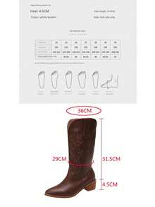 New Women's PU Leather Thick Heel Pointed Toe Western Cowboy Boots In Retro V-Neck, Not Over The Knee, Mid-Tube Knight Boots - 白色 - 查看 9