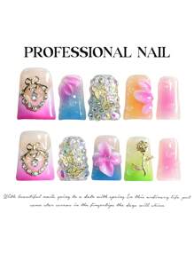 10pcs Y2K Duckbill Nails 3D Flower Decoration Ice Transparent Blush Rhinestone Handmade Acrylic Press On Nails, Long Duckbill Fake Nails With Jelly Glue And Nail File, DIY Nail Art Supplies Valentine's Day School Music Festival Travel