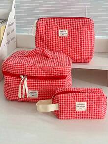 1 pieza Bolsa de cosméticos acolchada a cuadros rojos de gran capacidad, bolsa de maquillaje portátil de moda, bolsa de maquillaje de viaje para niñas, bolsa de almacenamiento multifuncional para lápiz labial, toallas sanitarias, monedas, llaves, pinzas para el cabello, lazos para el cabello, linda bolsa de aseo, organizador de viaje, bolsa de cosméticos, regalo del Día de la Madre, regalo de regreso a la escuela, regalo de Año Nuevo, artículo de viaje esencial, bolsa de útiles escolares de vacaciones/verano, bolsa de viaje para estudiantes, bolsa de cosméticos de viaje para mujeres - Rojo - Ver 18