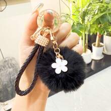 TTOBS 1pc Elegant Braided Leather Keychain With Fluffy Pompom Charm - Durable, Stylish & Versatile Women Key Holder - Multiple Colors, Perfect Car Owner Accessory, Fashionable Gift Idea