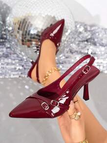 2025 Neue Herbst Burgunderrot einfarbige sexy Lackleder Schnallen Damen High Heel Pumps, geeignet für Hochzeit, Party, Büro, Outdoor, Frühling/Sommer/Herbst