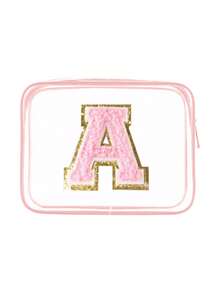 1个透明PVC便携式收纳袋，带毛巾，绣有字母A-Z，大容量化妆品收纳包，防水，带拉链，化妆包，化妆品袋，旅行收纳包，美妆包，可装口红