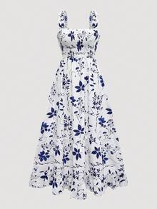 女式超长花卉印花宽松背心裙，全身波西米亚风休闲褶饰荷叶边下摆 - 彩色 - 查看 1