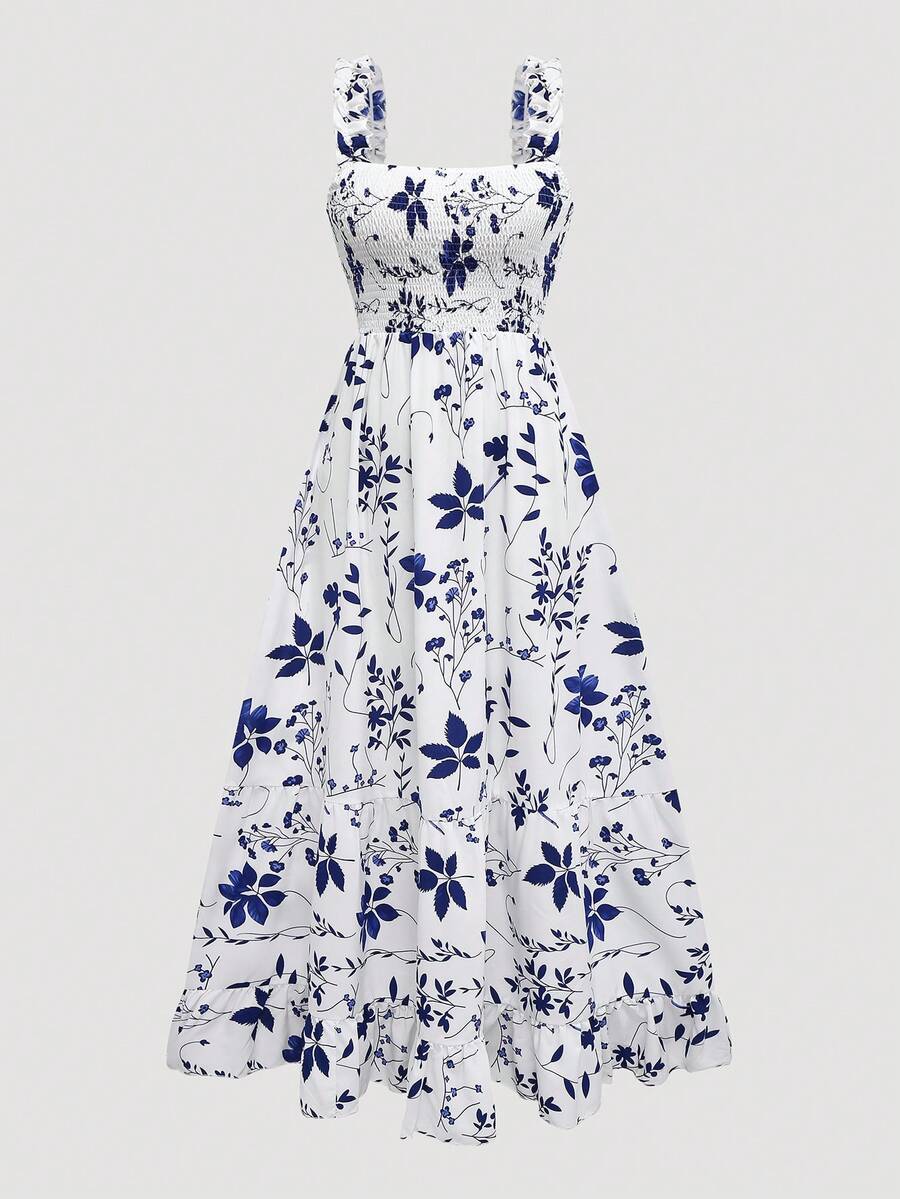 女式超长花卉印花宽松背心裙，全身波西米亚风休闲褶饰荷叶边下摆 - 彩色 - 查看 1